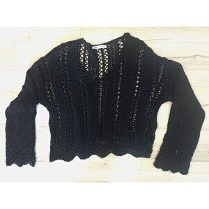 Zara Crochet Open Knit Sweater Black Boho Festival Top Long Sleeve Size M